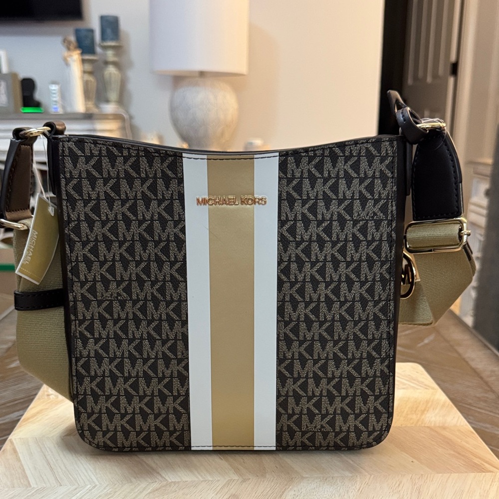 Michael Kors Brown Signature MK Crossbody with Gold and White Stripe